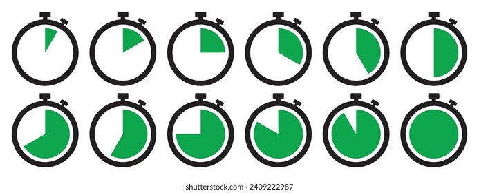 Icono de Stopwatch de color verde. Juego de símbolos Stopwatch. Colección del icono del temporizador establecido en color verde sobre fondo blanco. Reloj de reloj de cuenta regresiva, estación de iluminación del vector temporizador. 