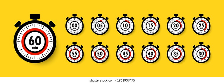 Stopwatch icon set isolated on yellow with shadow. Timer. Chronometer. Countdown 5,10,15,20,25,30,35,40,45,50,55,60 minutes. Sport clock with red colored time meaning. Vector illustration. EPS 10