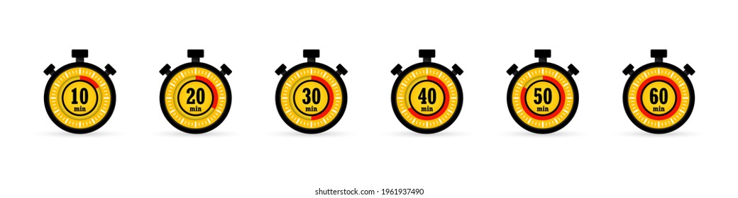 Stopwatch icon set isolated on white with shadow. Timer. Chronometer. Countdown 10,20,30,40,50,60 minutes. Sport clock with red colored time meaning. Vector illustration. EPS 10