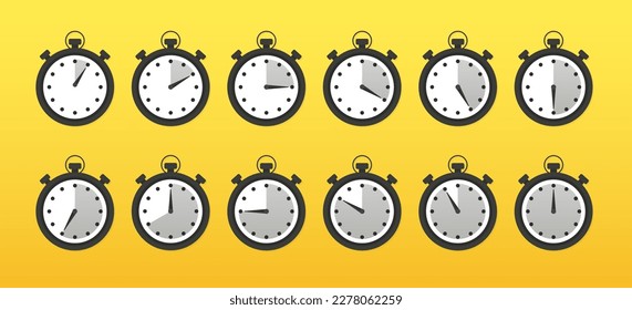 Stoppen Sie die Uhr Symbol einzeln auf weißem Hintergrund mit Schatten. Timer. Chronometer. Countdown 5,10,15,20,25,30,35,40,45,50,55,60 Minuten. Sportzeituhr mit blauer Farbe. Vektorgrafik