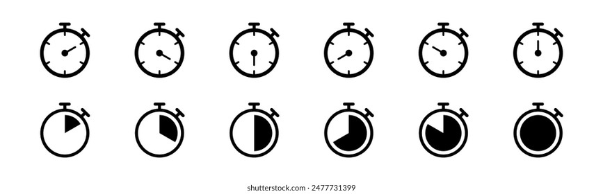 Stoppuhr-Symbolsatz. Zeilenstopp- und Glyphenstopuhrzeitgeber. Countdown-Timer-Kollektion.