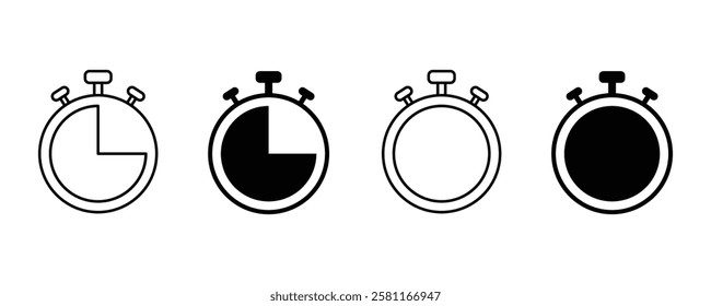 Stopwatch icon set. Line and glyph stopwatch timer, Black Timers Icons vector design, Stop watch, Alarm Infographic, Office and Business Symbol.