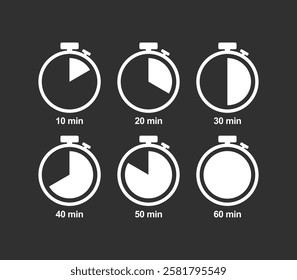 Stopwatch icon set. Line and glyph stopwatch timer. Countdown timer collection.