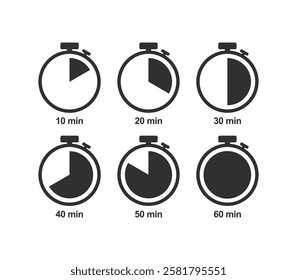 Stopwatch icon set. Line and glyph stopwatch timer. Countdown timer collection.