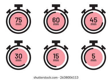 Stopwatch icon set. Line and glyph stopwatch timer. Countdown timer collection.