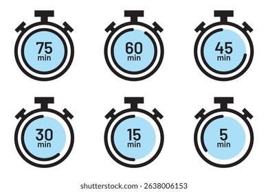 Stopwatch icon set. Line and glyph stopwatch timer. Countdown timer collection.
