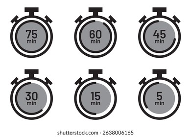 Stopwatch icon set. Line and glyph stopwatch timer. Countdown timer collection.