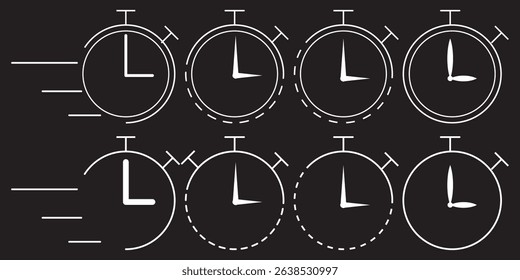 Stopwatch icon set. Line and glyph stopwatch timer. Countdown timer collection on Dark Background. EPS 10.