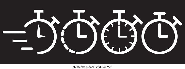 Stopwatch icon set. Line and glyph stopwatch timer. Countdown timer collection on Dark Background. EPS 10.
