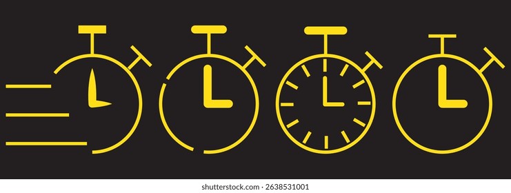 Stopwatch icon set. Line and glyph stopwatch timer. Countdown timer collection on Dark Background. EPS 10.