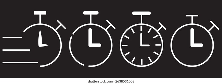 Stopwatch icon set. Line and glyph stopwatch timer. Countdown timer collection on Dark Background. EPS 10.