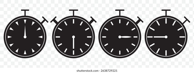 Stopwatch icon set. Line and glyph stopwatch timer. Countdown timer collection. Stopwatch icon, logo. Chronometer, timer sign. Stopwatch icon isolated on Transparent Background. EPS 10.