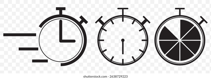 Stopwatch icon set. Line and glyph stopwatch timer. Countdown timer collection. Stopwatch icon, logo. Chronometer, timer sign. Stopwatch icon isolated on Transparent Background. EPS 10.