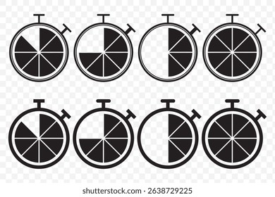Stopwatch icon set. Line and glyph stopwatch timer. Countdown timer collection. Stopwatch icon, logo. Chronometer, timer sign. Stopwatch icon isolated on Transparent Background. EPS 10.
