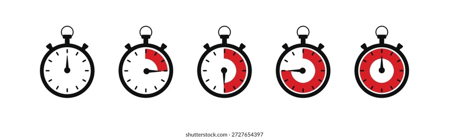 Stoppuhr-Symbolsatz. Zeilenstopuhr-Zeitgeber und Symbol-Stoppuhr. Countdown-Zeitgebersammlung. Timer, Uhr, Stoppuhr, einzelne Set-Symbole. Symbol für Countdown-Zeitgeber eingestellt. Etikettenkochzeit. Vektorgrafik