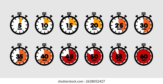 Stopwatch icon set. Line stopwatch timer. Countdown timer collection. Vector eps
