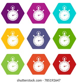 Stopwatch icon set many color hexahedron isolated on white vector illustration
