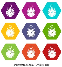 Stopwatch icon set many color hexahedron isolated on white vector illustration