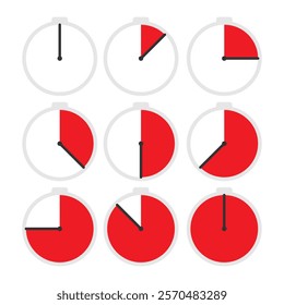 Stopwatch icon set. Minimalist clock designs illustrating various stages of time progression. Vector icons isolated on white