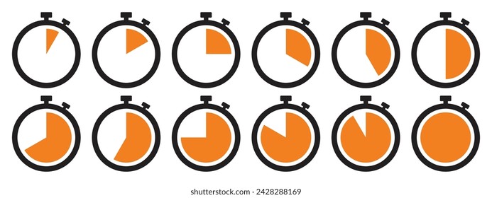 Stopwatch icon set in orange color. Stopwatch symbol set. Collection of timer icon set in orange color on white background. Countdown clock stopwatch, timer vector illustation.