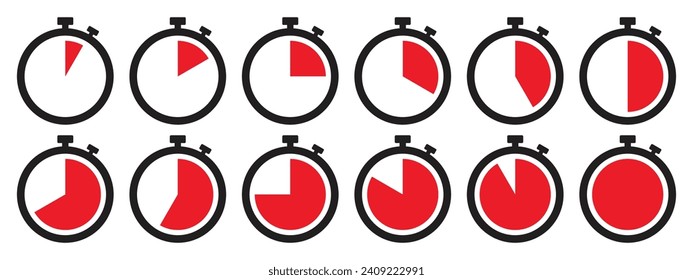 Icono de Stopwatch de color rojo. Juego de símbolos Stopwatch. Colección del icono del temporizador establecido en color rojo sobre fondo blanco. Reloj de reloj de cuenta regresiva, estación de iluminación del vector temporizador. 