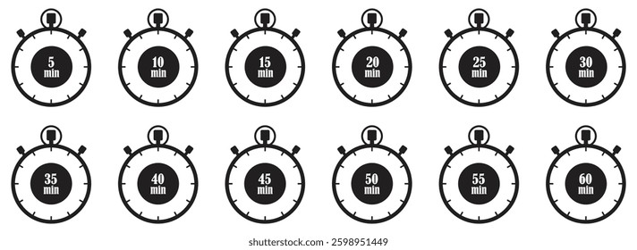 Stopwatch icon set showing minute timers from 5 to 60 minutes in solid black style used for duration, countdown and time indicators.