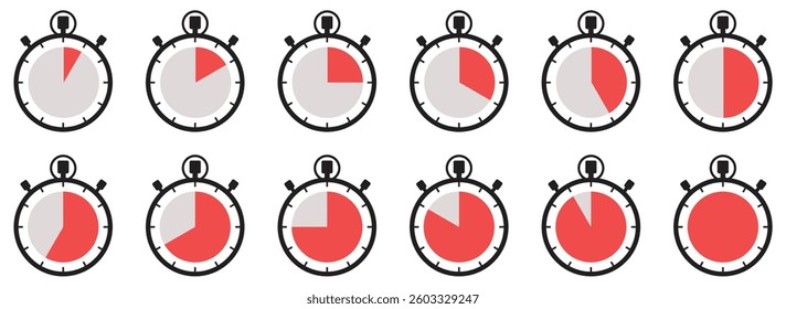 Stopwatch icon set showing multiple time segments with filled red portions indicating different countdown levels.