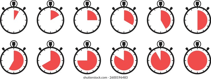 Stopwatch icon set showing red progress segments in multiple fill levels used for timers, countdowns, duration and time indicators.