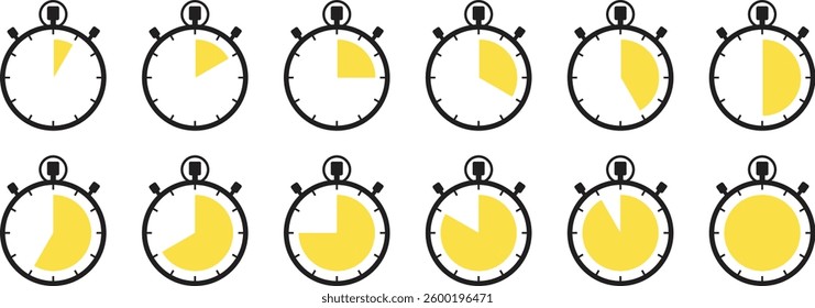 Stopwatch icon set showing yellow progress segments in different fill levels used for timers, countdowns, duration and time indicators.