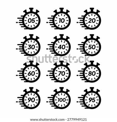 Stopwatch icon set with time intervals showing countdown progress on white background black vector illustration