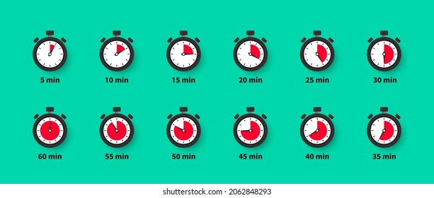 Stopwatch Icon Set. Timer. Chronometer. Countdown 5 Minute To 60 Minutes. Label Cooking Time. Sport Clock With Red Colored Time Meaning. Vector Illustration. EPS 10