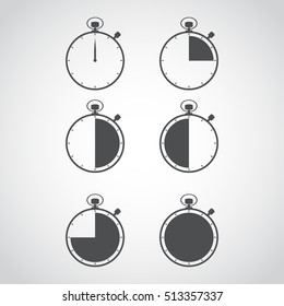 Stopwatch icon set. Timer icon. Chronometer. Timekeeper. Chronoscope. Time check. Seconds timer, seconds counter. Timing device. Timer quarter, half, three quarter, full. 15, 30, 45 seconds, minutes. 