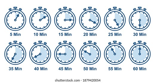 stopwatch icon set, Timer, clock, stopwatch in line style 5 minute to 1 hours isolated set symbol . Label measure time, cooking time and more, Vector illustration.