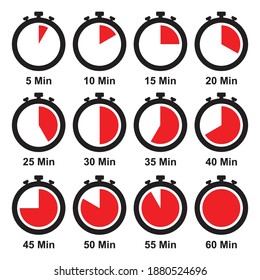 Stopwatch Icon Set, Timer, Clock, Stopwatch 5 Minute To 1 Hours Isolated Set Symbol . Label Measure Time, Cooking Time And More, Vector Illustration.