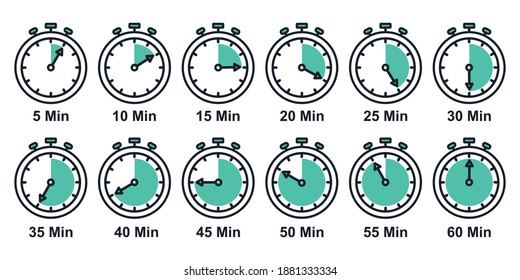stopwatch icon set, Timer, clock, stopwatch in line style 5 minute to 1 hours isolated set symbol . Label measure time, cooking time and more, Vector illustration.