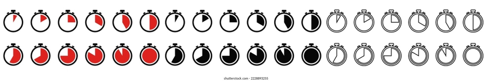 Stopwatch icon set, Timer, clock, and stopwatch symbol. 5 minutes to 1 hour isolated on white background.