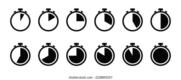 Stopwatch icon set, Timer, clock, and stopwatch symbol. 5 minutes to 1 hour isolated on white background.