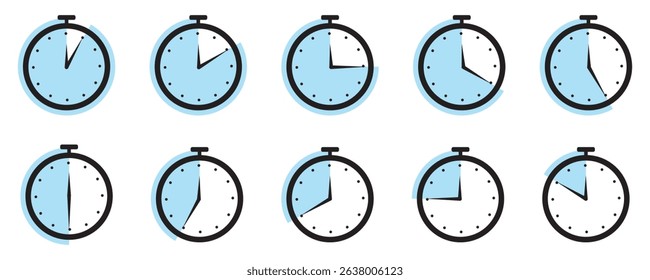 stopwatch icon set, Timer, clock, stopwatch symbol. 5 minute to 1 hours isolated on transparent background . Label measure time, cooking time and more, Vector illustration.