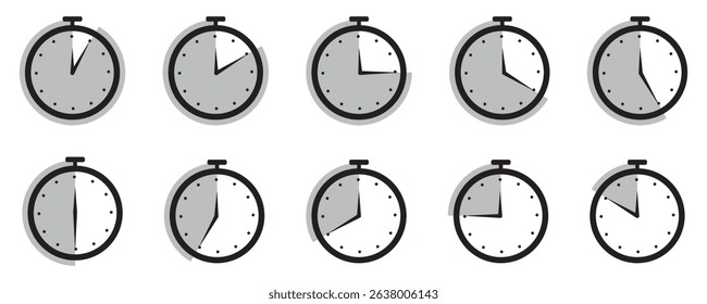 stopwatch icon set, Timer, clock, stopwatch symbol. 5 minute to 1 hours isolated on transparent background . Label measure time, cooking time and more, Vector illustration.