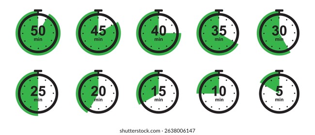 stopwatch icon set, Timer, clock, stopwatch symbol. 5 minute to 1 hours isolated on transparent background . Label measure time, cooking time and more, Vector illustration.