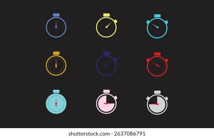 Stopwatch Icon Set Vector Graphics. Each stopwatch reflects a different elapsed time, moving clockwise in increments.