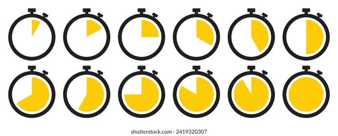 Stopwatch icon set in yellow color. Stopwatch symbol set. Collection of timer icon set in yellow color on white background. Countdown clock stopwatch, timer vector illustation.