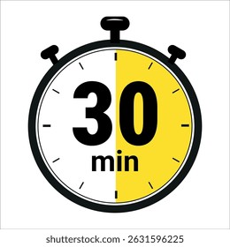 stopwatch icon showing 30 minutes with half yellow and half white dial used for time tracking or countdown	