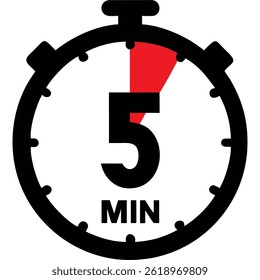 Stopwatch icon showing five minutes remaining, simple black and red design.