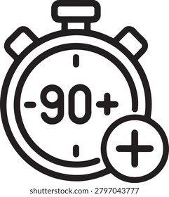 Stopwatch icon showing ninety plus minutes for injury time in a football match in a line art style.