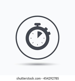 Stopwatch icon. Timer or clock device symbol. Circle button with flat web icon on white background. Vector