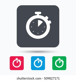 Stopwatch icon. Timer or clock device symbol. Colored square buttons with flat web icon. Vector