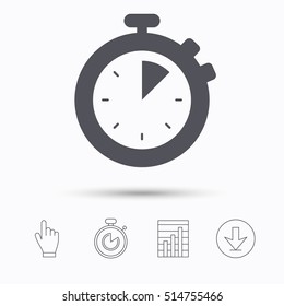 Stopwatch icon. Timer or clock device symbol. Stopwatch timer. Hand click, report chart and download arrow. Linear icons. Vector