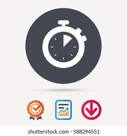 Stopwatch icon. Timer or clock device symbol. Report document, award medal with tick and new tag signs. Colored flat web icons. Vector