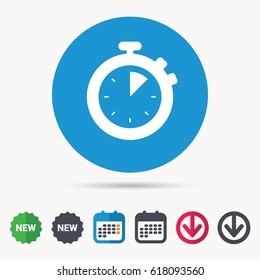 Stopwatch icon. Timer or clock device symbol. Calendar, download arrow and new tag signs. Colored flat web icons. Vector